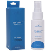 A blue and white box of "Sta-Erect" delay spray with pheromone is shown next to the corresponding spray bottle. Designed to address premature ejaculation, the box features white text, while the spray bottle has a white cap and blue label. Both items maximize performance and partner satisfaction.